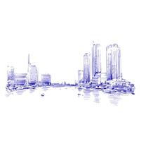 tekening achtergrond in blauw van Bangkok rivieroever stadsgezicht vector