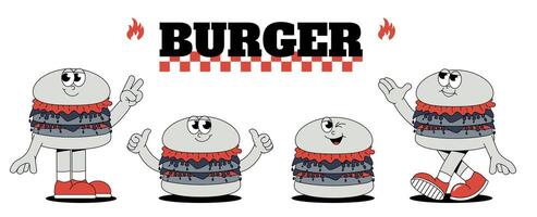 een hamburger levering reeks in de modieus retro groovy stijl. funky Hamburger tekens stickers. koel maskot voor cafe, bar, restaurant. kunst vector
