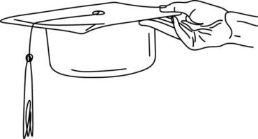 doorlopend een lijn tekening van hand- Holding diploma uitreiking hoed vector