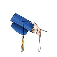 een hand- Holding de diploma uitreiking hoed met wit achtergrond, diploma uitreiking hoed met kwast vector