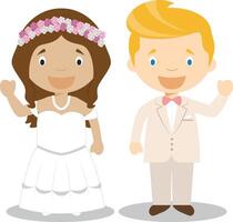 mestiezen bruid en Kaukasisch bruidegom interraciaal pasgetrouwde paar in tekenfilm stijl illustratie vector