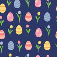 Pasen naadloos patroon met geschilderd eieren en voorjaar tulpen Aan een blauw achtergrond. feestelijk helder lay-out voor het drukken Aan verpakking, kleding stof, papier en andere oppervlakken. vector