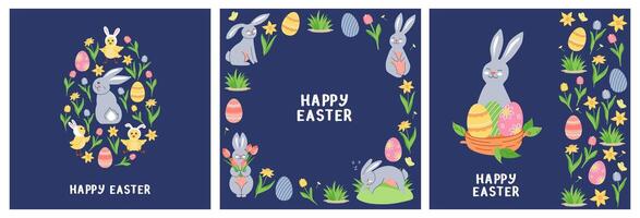 reeks van plein gelukkig Pasen groet kaarten. schattig karakters, voorjaar bloemen Aan een blauw achtergrond. vector