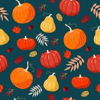 schattig naadloos patroon met hand- getrokken pompoenen verschillend vormen Aan donker turkoois achtergrond. patroon voor dankzegging, halloween, geschenk omhulsel of textiel. vector