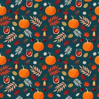 mooi naadloos herfst met pompoenen, overwogen wijn, eik bladeren, esdoorn, eikels en bessen Aan turkoois achtergrond . naadloos patroon. vector