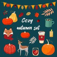 knus herfst reeks van elementen voor creëren een uitnodiging, kaart, scrapbooken, poster, spandoek. pompoenen, herfst bladeren, feestelijk guirlande, warm drankjes, vos, hert, enz. vector