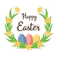 gelukkig Pasen groet kaart. narcissen voorjaar krans en eieren. Pasen ronde tekst kader. bloemen grens decoratie. vector