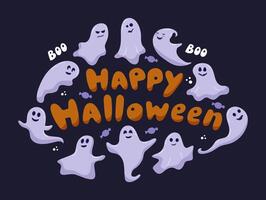 gelukkig halloween groet kaart met hand- getrokken belettering. schattig grappig gelukkig geesten. tekenfilm kinderachtig fantomen. vector