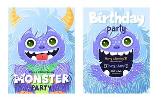 monster partij uitnodiging set. gelukkig verjaardag groet kaarten. feestelijk ansichtkaarten met een pluizig tekenfilm monster. ontwerp met een schattig schepsel voor uw viering evenement. gelaagde sjabloon. vector