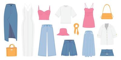 mode Dames kleren set. zomer vrouwen kleding, Tassen, zonnebril. jurken, toppen, denim rok, korte broek, zonnebril. kleur vlak illustraties geïsoleerd Aan wit achtergrond. vector