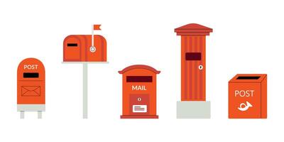 rood brievenbussen set. post- mailing brievenbus opgehangen Aan muur of pijler voor levering gemaild brief. illustratie in hand- getrokken stijl. levering, bericht, communicatie concept. geïsoleerd vector