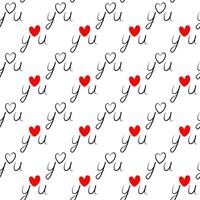 liefde u handschrift belettering concept met schets en rood hart vorm minimalistische naadloos patroon vector