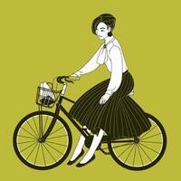 jong vrouw gekleed in elegant kleren rijden stad fiets getrokken met contour lijnen Aan geel achtergrond. modieus dame vervelend blouse en geplooid rok zittend Aan fiets. illustratie. vector