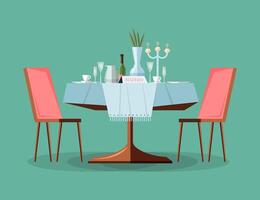 Gereserveerd modern restaurant tafel met tafelkleed, kaarsen in kandelaar, plant, wijnglazen, reservering tafelblad teken staand Aan het en twee stoelen. helder gekleurde tekenfilm illustratie. vector