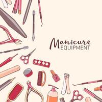 plein achtergrond met manicure apparatuur. hand- getrokken banier met divers gereedschap voor nagel kunst - schaar, klipper, Pools, borstel, nagelriem knipoog, duwer, puntjes pen. kleurrijk illustratie. vector