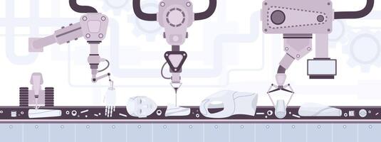 industrieel riem transportband overbrengen lichaam onderdelen van robot met menselijk uiterlijk en automatisch industrieel machines zetten hen samen. productie van androïde. kleurrijk tekenfilm illustratie. vector