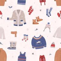 naadloos patroon met winter kleren en bovenkleding Aan licht achtergrond. backdrop met warm seizoensgebonden kleding of kleding. tekenfilm illustratie voor behang, omhulsel papier, textiel afdrukken. vector