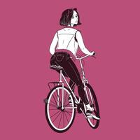 prachtig jong vrouw vervelend jeans, trainers en hesje rijden fiets. meisje gekleed in modieus kleren zittend Aan fiets getrokken met zwart contour lijnen Aan roze achtergrond. terug visie. illustratie. vector