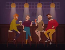 glimlachen mannen en Dames gekleed in elegant kleding zittend Bij bar, pratend en drinken alcoholisch drankjes. vrolijk vrienden uitgeven tijd Bij kroeg. vlak tekenfilm karakters. kleurrijk illustratie. vector