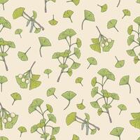 botanisch naadloos patroon met groen ginkgo biloba boom bladeren en zaden. backdrop met fabriek onderdelen hand- getrokken Aan licht achtergrond. illustratie voor textiel afdrukken, behang, omhulsel papier. vector