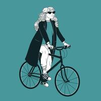 jong langharig vrouw vervelend zonnebril, jas en sportschoenen rijden fiets. meisje gekleed in modieus kleren Aan fiets getrokken met zwart contour lijnen Aan groen achtergrond. illustratie. vector