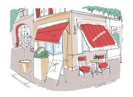 gekleurde uit de vrije hand schetsen van klein trottoir cafe of restaurant met tafel versierd met ingemaakt fabriek en stoelen staand Aan stad straat onder luifel naast gebouw. hand- getrokken illustratie. vector