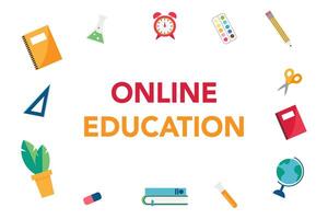 online onderwijs. boeken, klok, wereldbol en school- items vector