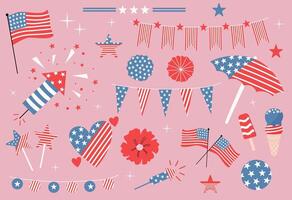 hand getekend reeks voor 4e van juli. ontwerp van Amerikaans vlag, vuurwerk, slingers, sterren voor onafhankelijkheid dag. vector