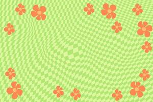 groen retro psychedelisch schaakbord patroon met oranje bloemen. groovy funky texturen. vector