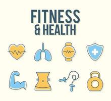 fitness en gezondheid belettering met set van fitness en gezondheid pictogrammen op een witte achtergrond vector