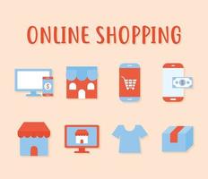 online winkelen belettering en set van online winkelen pictogrammen op een zalmkleurige achtergrond vector