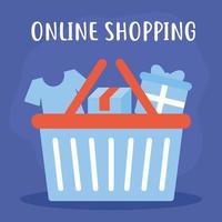 online winkelen belettering met bundel van online winkelen pictogrammen op een blauwe achtergrond vector