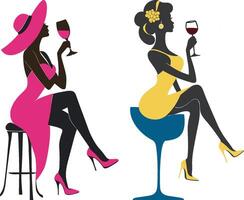 silhouet van een vrouw zittend Aan een stoel met een glas van wijn in haar hand- vector