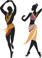 silhouetten van zwart Afrikaanse Mens en vrouw dansen Aan de Gaan een etnisch dans, artwork met de cultuur van Afrika. vector