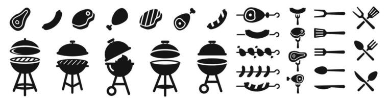 bbq icoon set. barbecue grillen pictogrammen. bbq picknick symbolen. silhouet stijl pictogrammen. vector