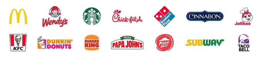populair snel voedsel restaurants logo set. mcdonalds, starbucks, metro, kfc, hamburger koning, dominostenen, pizza hut, taco klok, vector