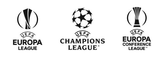 kampioenen liga, uefa europa liga, europa conferentie liga. officieel uefa Europese kop logo's. reeks van Europese Amerikaans voetbal toernooi logo's. Rivne, Oekraïne - november 20, 2023 vector