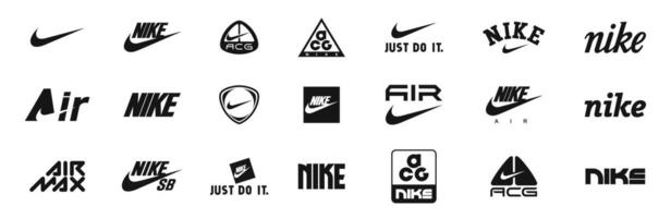 Nike merk logo verzameling. Nike redactioneel illustratie. Rivne, Oekraïne - november 20, 2023 vector