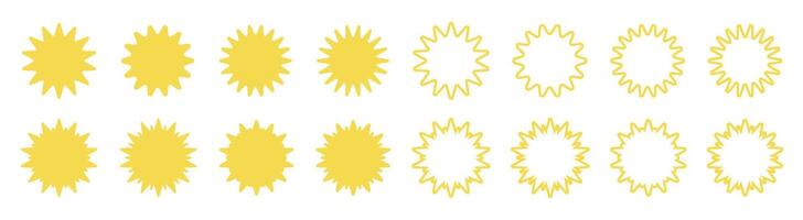 zon pictogrammen. zon gemakkelijk pictogrammen verzameling. geel zon pictogrammen. zonneschijn en zonne- gloed, zonsopkomst of zonsondergang pictogrammen vector