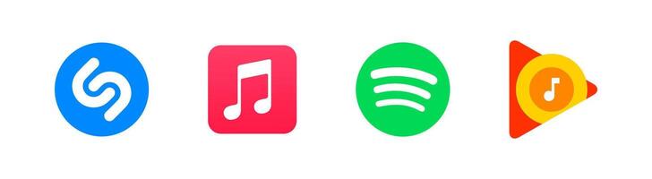 muziek- app logo. top stroom muziek- onderhoud bedrijf logo set. appel muziek, spotten, iTunes, shazam. redactioneel logotype vector