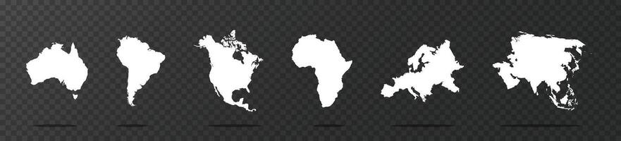 wereld continenten silhouetten. wereld kaart pictogrammen. Europa, Azië, Amerika, Afrika, Australië continenten vector