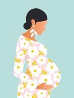 gelukkig moeder dag. een jong zwanger vrouw in een bloemen roze jurk is gelukkig dat ze is ervan uitgaand een baby. vector