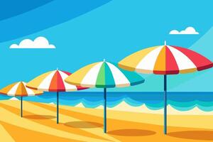 kleurrijk strand paraplu's bekleed omhoog Aan een zanderig strand met Doorzichtig blauw luchten en helder zonlicht. concept van strand toevlucht, zomer vakantie, zon bescherming, en vrije tijd. grafisch illustratie vector