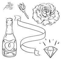 monochroom tekening van een wit bloem, lint, Champagne fles, en diamant vector