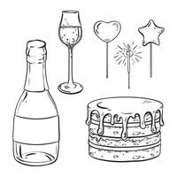 monochroom tekening van drinkgerei, fles stop, glas, taart met sterretjes vector