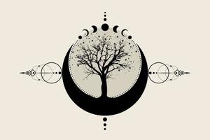 heilige boom en wassende maan. handgetekende mystieke maanstanden, levensboom, heilige geometrie. Wicca banner oud teken, energie cirkel, boho stijl vector geïsoleerd op vintage background