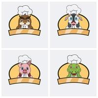 schattige dieren chef-kok set, met hoed en kookthema. uil, koe, varken en krokodil Characterdesign, mascot, label, icoon en logo. vector