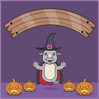 schattig neushoorn dier met vampier halloween custome, met lege ruimte banner, pompoenen en vliegende positie. vector