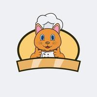 schattige kattenchef-kok en kookthema. mascotte, karakter, logo, label en icoon. vector