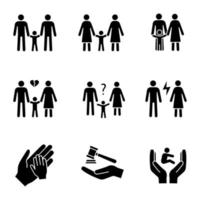 voogdij glyph iconen set. silhouet symbolen. adoptie en weeshuis. kinderopvang. homo- en lesbische ouders, echtscheiding, ruzie, wees, familierechtbank. vector geïsoleerde illustratie